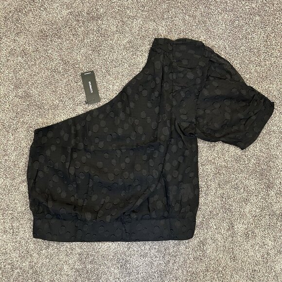 Express Women’s Polka Dot One Shoulder Banded Bottom Top Black Size XS NWT $68 - Picture 5 of 16